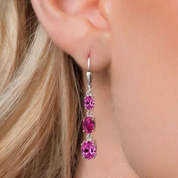925 Sterling Silver with 6.00 Cttw 3 Stone Pink Sapphire and Ruby Drop Earrings